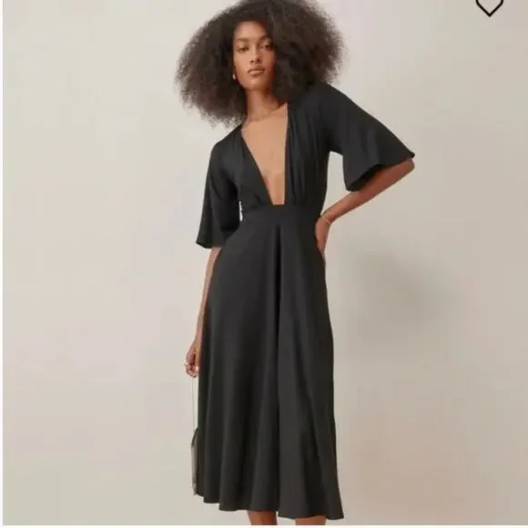 NEW REFORMATION Black Ernest Midi Dress | S - Picture 1 of 8